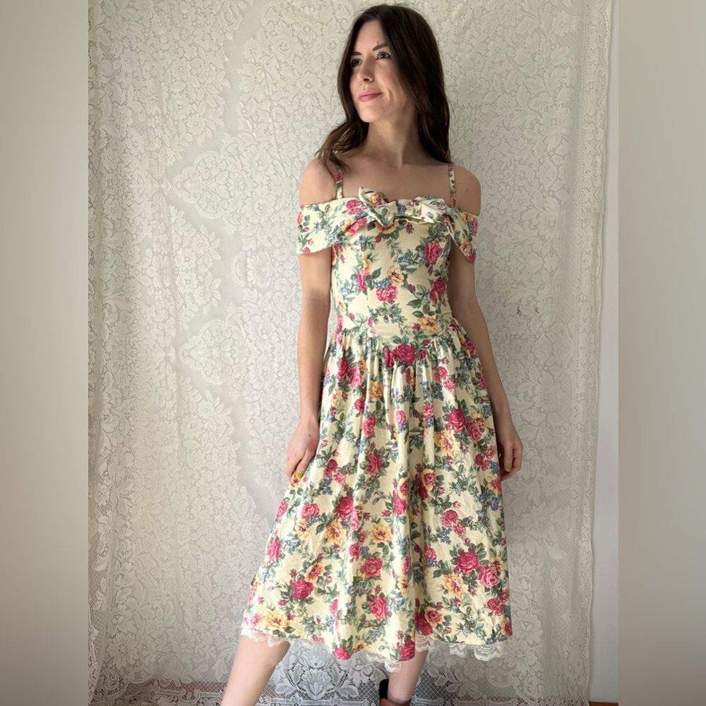 Vintage 80s All That Jazz Drop Waist Floral Dress Corset Style & Lace Ruffle - Picture 4 of 16